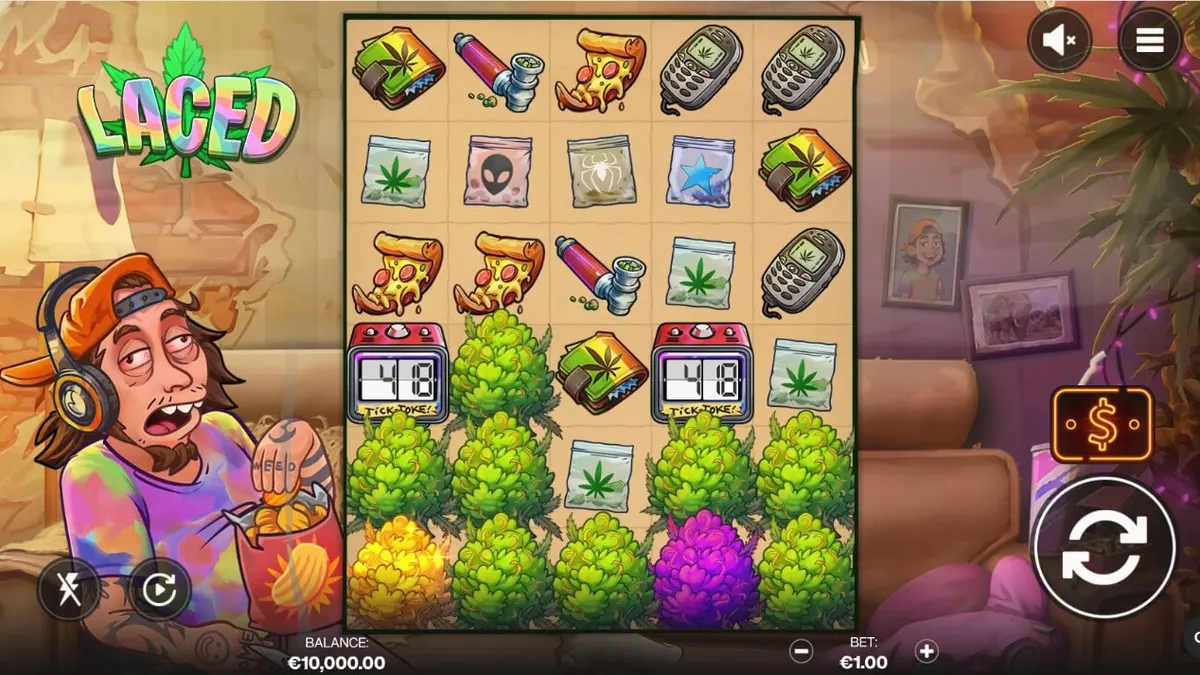 Tampilan visual slot Laced dengan suasana apartemen yang santai dan simbol-simbol unik